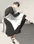  1boy apron arm_hug bangs black_dress black_footwear black_hair crossdressing dress full_body grey_background high_heels highres leg_up levi_(shingeki_no_kyojin) long_dress long_sleeves maid maid_apron maid_headdress male_focus parted_bangs puffy_sleeves shingeki_no_kyojin short_hair sitting strappy_heels taso_(harutsukimikan) twitter_username 