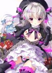  1girl alice_(fate) black_dress black_panties bow bowtie breasts cameltoe doll doll_joints dress fate/extra fate/grand_order fate_(series) grey_hair hat joints looking_at_viewer nipples nursery_rhyme_(fate) open_mouth panties purple_eyes small_breasts solo tenshi_china thighhighs underwear 