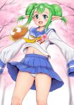  1girl bangs blue_eyes blurry blurry_background blush feet_out_of_frame green_hair highres lidelle_(puyopuyo) long_hair long_sleeves looking_at_viewer midriff navel open_mouth orizen panties pleated_skirt pointy_ears puyopuyo sailor_collar skirt sleeves_past_wrists smile tareme tree underwear 