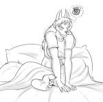  4_toes angry anthro bed bed_sheet bedding breasts canid canine canis chloe_shiwulf clothing crop_top feet female furniture hair humanoid_feet mammal messy_hair monochrome pillow shirt solo toes topwear waking_up wolf zp92 