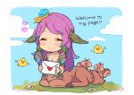  1girl :3 bangs bird breasts centauroid cherii_(cherry_sister) chibi chipmunk cleavage closed_eyes closed_mouth cloud collarbone commentary dot_nose english_text eyelashes flower forehead furry furry_female grass hair_flower hair_ornament heart holding hooves league_of_legends lillia_(league_of_legends) long_hair love_letter low_twintails monster_girl outdoors parted_bangs pink_hair plant pointy_ears simple_background smile solo squirrel taur twintails vines white_background 