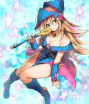  1girl blonde_hair blue_dress blue_footwear blue_headwear blush boots breasts choker cleavage closed_mouth dark_magician_girl dress duel_monster foot_out_of_frame green_eyes hat holding holding_wand holding_weapon large_breasts long_hair looking_at_viewer off_shoulder pentacle pink_skirt sassa_(cb) skirt smile solo wand weapon wizard_hat yu-gi-oh! 