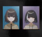  2girls bangs black_hair black_necktie brown_hair closed_mouth collared_shirt commentary_request expressionless girls&#039;_frontline heterochromia highres lanyard long_hair looking_at_viewer m16a1_(girls&#039;_frontline) mole mole_under_eye multicolored_hair multiple_girls necktie no_eyepatch portrait portrait_(object) red_eyes ro635_(girls&#039;_frontline) shirt streaked_hair taiyang_ami white_hair yellow_eyes 
