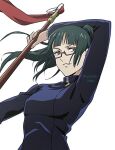  1girl arm_behind_head bangs black_jacket blunt_bangs breasts brown_hair glasses green_hair high_collar holding holding_polearm holding_weapon jacket jujutsu_kaisen long_hair medium_breasts parted_lips polearm ponytail smile solo taso_(harutsukimikan) twitter_username upper_body weapon white_background zen&#039;in_maki 