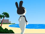  2022 :3 animal_crossing anthro beach big_butt black_body black_fur blue_pawpads blue_sky building bush_(disambiguation) butt convenient_censorship domestic_rabbit dotty_(animal_crossing) dutch_rabbit feet female fur hand_on_hip lagomorph leporid looking_at_viewer looking_back mammal multicolored_body multicolored_fur nintendo nonyammychoko nude oryctolagus palm_tree pawpads paws plant rabbit rear_view sand sea seaside shaded shadow sky smile soles solo standing tree video_games water white_body white_fur wide_hips 