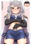  1girl absurdres admiral_(kancolle) black_gloves blue_skirt body_switch breasts crop_top elbow_gloves fake_horns gloves gradient_neckerchief grey_eyes grey_hair highres horned_headwear horns i-201_(kancolle) kantai_collection long_hair mole_on_stomach namaata neckerchief nontraditional_school_swimsuit personality_switch sailor_collar school_swimsuit skirt small_breasts swimsuit white_neckerchief white_sailor_collar yellow_neckerchief 