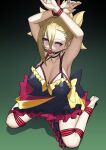  1girl arms_up ball_gag barefoot bdsm blonde_hair bow breasts demon_girl disgaea dress gag handsofmidaz highres large_breasts looking_at_viewer makai_senki_disgaea_2 pointy_ears red_eyes restrained rozalin short_hair solo strapless strapless_dress yellow_bow 