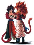  2boys absurdres bare_pectorals biceps black_hair blue_eyes body_fur brown_fur dragon_ball dragon_ball_gt dragon_ball_heroes earrings fusion fusion_dance gogeta highres jewelry metamoran_vest monkey_boy monkey_tail multiple_boys no_nipples pants pectorals potara_earrings red_fur red_hair relio_db318 spiked_hair super_saiyan super_saiyan_4 tail vegetto vegetto_(xeno) white_pants 