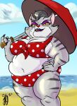  adult_swim anthro beach big_breasts bikini breasts cartoon_network clothing come_and_learn_with_pibby domestic_cat eyelashes felid feline felis female fur hi_res humanoid infinitesimalj0 looking_at_viewer makeup mammal melira_(pibby) overweight seaside simple_background slightly_chubby solo swimwear thick_thighs 