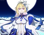 1girl archetype_earth arcueid_brunestud bangs bare_shoulders blonde_hair blue_gloves blush breasts cleavage detached_sleeves dress fate/grand_order fate_(series) flower full_moon gloves hair_flower hair_ornament highres house_tag_denim large_breasts long_hair looking_at_viewer moon night night_sky outstretched_arm red_eyes sky smile solo tsukihime very_long_hair white_dress 