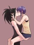  2girls audio_jack black_pants black_sports_bra black_tank_top blue_shorts boku_no_hero_academia breasts carrying carrying_person closed_eyes hair_up hand_on_another&#039;s_head hand_on_another&#039;s_neck highres jirou_kyouka kiss large_breasts long_earlobes multiple_girls pants ponytail purple_hair short_hair shorts sports_bra tan_background tank_top vvvmung yaoyorozu_momo yellow_tank_top yuri 