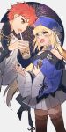  00kashian00 1boy 1girl artoria_caster_(concept_dress)_(fate) artoria_caster_(fate) artoria_pendragon_(fate) bangs blonde_hair blue_choker blue_headwear blush bow bubble_tea chain choker dress drinking_straw emiya_shirou fate/grand_order fate_(series) fireworks flower green_eyes hair_between_eyes hair_bow hat highres holding long_hair long_sleeves looking_at_another miniskirt official_alternate_costume open_mouth orange_hair senji_muramasa_(fate) sharp_teeth short_dress skirt teeth theft thighhighs twitter_username white_flower yellow_eyes 