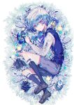  1boy blue_eyes blue_hair blue_theme christmas closed_mouth gift legwear_garter long_sleeves looking_at_viewer lying male_focus mura_karuki original shoes short_hair shorts socks white_background 