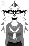  absurd_res anthro avian beak bird breasts clothing crown demon emergence feathers female helluva_boss hi_res japanese_school_uniform leponsart looking_at_viewer mature_female meme monochrome owl simple_background solo stella_(helluva_boss) white_background 