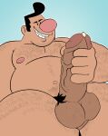  big_penis bodily_fluids body_hair gendomx genital_fluids genitals harold_(tgaobam) hi_res human human_only male mammal masturbation mature_male musclegut not_furry overweight overweight_male penis precum pubes smile solo vein veiny_penis 