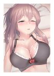  1girl bangs bed_sheet black_bra blush border bra breasts brown_hair cleavage commentary_request cum cum_on_body cum_on_breasts hair_between_eyes highres kantai_collection large_breasts looking_at_viewer lying on_back one_eye_closed parted_lips pillow ponytail sakieko saratoga_(kancolle) solo underwear upper_body white_border 