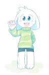  anthro asriel_dreemurr boss_monster bottomwear bovid caprine clothing fur goat hand_behind_back happy hi_res male mammal oob pawpads shorts simple_background smile snaggle_tooth solo sweater tagmemore topwear undertale undertale_(series) video_games wave young 