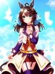  1girl ahoge alternate_costume black_hair blue_background blue_eyes blush collarbone commentary_request daring_tact_(umamusume) hair_ornament highres looking_at_viewer medium_hair shorts simple_background smile solo sugimotty_nova thighhighs umamusume 