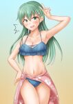  1girl alternate_costume anti_(untea9) bikini blue_background blue_bikini breasts cleavage collarbone cowboy_shot frilled_bikini frills gradient gradient_background hair_between_eyes highres kantai_collection long_hair looking_at_viewer medium_breasts navel open_mouth sarong solo suzuya_(kancolle) sweatdrop swimsuit twitter_username v yellow_background 