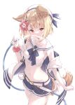  1girl absurdres animal_ears beret blonde_hair blue_shorts blush breasts brown_eyes commentary_request dog_ears dog_tail erune flower granblue_fantasy hair_flower hair_ornament hat hibiscus highres holding holding_hose hose looking_at_viewer navel sailor_collar scrunchie shorts simple_background small_breasts solo tail ukiwakisen vajra_(granblue_fantasy) vajra_(summer)_(granblue_fantasy) water white_background white_headwear wrist_scrunchie 