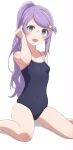  1girl absurdres anastasia_hoshin bare_shoulders blue_eyes blush breasts camui1104 covered_navel hair_ornament highres long_hair looking_at_viewer navel open_mouth purple_hair re:zero_kara_hajimeru_isekai_seikatsu school_swimsuit simple_background sitting small_breasts smile solo star_(symbol) star_hair_ornament swimsuit very_long_hair wariza white_background 