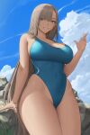  1girl asuna_(blue_archive) bangs bare_shoulders bikini blue_archive blue_eyes blue_sky blue_swimsuit blush bracelet breasts cleavage collarbone covered_navel day grin hair_over_one_eye highleg highleg_bikini highleg_swimsuit highres jewelry large_breasts light_brown_hair long_hair looking_at_viewer micro_bikini mole mole_on_breast one-piece_swimsuit outdoors ring rock sky smile solo swimsuit thighs very_long_hair zaphn 