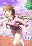  1girl bangs blunt_bangs blush breasts brown_hair cherry_blossoms cloud cloudy_sky commentary green_eyes highres jacket long_hair love_live! love_live!_superstar!! low_twintails medium_breasts petals purple_sky qy73 running sakurakouji_kinako shiny shiny_hair short_shorts shorts sky smile solo track_jacket tree twintails very_long_hair 