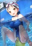  1girl barefoot blue_swimsuit breasts brown_eyes brown_hair cleavage collarbone crotch_rub goggles goggles_on_head highres kickboard large_breasts looking_at_viewer natsushima_memo new_school_swimsuit open_mouth original partially_underwater_shot pool school_swimsuit smile solo spread_legs swim_cap swimming swimsuit taut_clothes taut_swimsuit 