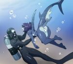  anthro anus butt clothing diving_mask duo fish food girly ground_shark hammerhead_shark hammie_(nedoiko) male marine mask nedoiko scuba scuba_diver scuba_gear shark swimming swimwear underwater water 