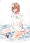  1girl absurdres bangs barefoot bikini breasts brown_eyes brown_hair closed_mouth crab green_bikini highres ichifuji kantai_collection oboro_(kancolle) shirt short_hair simple_background sitting small_breasts solo swimsuit water wet wet_clothes wet_shirt white_shirt 