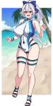  1girl bangs bare_shoulders beach blue_bow blue_sky blue_swimsuit bow breasts covered_nipples fate/grand_order fate_(series) full_body hair_between_eyes hair_bow highleg highleg_swimsuit large_breasts long_hair looking_at_viewer muta_poo ocean one-piece_swimsuit open_mouth palm_tree ponytail red_eyes sandals shore sky smile solo swimsuit thigh_strap tomoe_gozen_(fate) tomoe_gozen_(swimsuit_saber)_(fate) tomoe_gozen_(swimsuit_saber)_(first_ascension)_(fate) tree two-tone_swimsuit white_hair white_swimsuit 