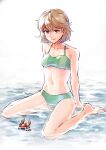  1girl absurdres bangs barefoot bikini breasts brown_eyes brown_hair closed_mouth crab green_bikini highres ichifuji kantai_collection oboro_(kancolle) short_hair simple_background sitting small_breasts solo swimsuit water 