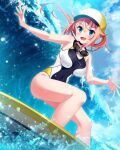  1girl bare_legs bare_shoulders blonde_hair blue_eyes breasts choker collarbone covered_navel eyewear_around_neck goggles goggles_around_neck hair_between_eyes hat idol idol_wars_z large_breasts leaning_back long_hair ocean one-piece_swimsuit open_mouth outstretched_arms ponytail show100000 sky smile solo surfboard surfing swimsuit takatsukasa_mikoto very_long_hair water waves 