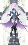  1girl absurdres armor armored_boots armored_dress boots cosplay fate/grand_order fate_(series) gloves hair_over_one_eye highres light_purple_hair looking_at_viewer mash_kyrielight ne_f_g_o purple_eyes purple_gloves short_hair smile solo tarot the_world_(tarot) thigh_boots 