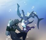  anthro anus butt clothing diving_mask duo fish food girly ground_shark hammerhead_shark hammie_(nedoiko) male marine mask nedoiko scuba scuba_diver scuba_gear shark swimming swimwear underwater water 