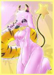  2022 absurd_res animal_print big_breasts breasts covering covering_crotch covering_pussy embarrassed exhibitionism female hair hi_res lentocn long_hair looking_at_viewer nipples original_characters outside sh2-190 solo standing swim_ring teats tiger_print 