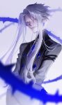  1boy arms_at_sides blurry buttons closed_mouth depth_of_field earrings forever_7th_capital grey_background grey_hair grey_shirt hair_between_eyes hair_over_one_eye hair_strand highres iscario_(forever_7th_capital) jewelry lao_bai_(pixiv36119836) light_particles long_sleeves male_focus mole mole_under_mouth shirt short_hair_with_long_locks smile solo thorns upper_body yellow_eyes 