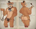  anthro athletic athletic_anthro athletic_male bedroom_eyes big_butt black_nose blue_eyes bodily_fluids bodypaint bow_tie butt clothed clothing countershade_butt countershade_face countershade_torso countershading ear_piercing ear_ring fangs five_nights_at_freddy&#039;s five_nights_at_freddy&#039;s:_security_breach front_view glamrock_freddy_(fnaf) hat headgear headwear hi_res holding_object jockstrap jumpy_jackal leash legwear looking_at_viewer looking_back magazine male mammal markings microphone mostly_nude muscular muscular_male musk narrowed_eyes navel nipples partially_clothed pecs piercing pinup pose rear_view ring_piercing scottgames scut_tail seductive short_tail smile smiling_at_viewer solo sweat tassles text thumb_in_waistband top_hat topwear underwear undressing ursid video_games vintage vintage_pinup 