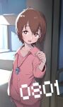  1girl blush brown_eyes brown_hair collarbone commentary_request digimon digimon_adventure indoors long_sleeves looking_at_viewer open_mouth pajamas pink_pajamas short_hair solo toku_(ke7416613) whistle whistle_around_neck yagami_hikari 