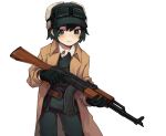  1girl androgynous belt_pouch black_gloves blush fur_hat gloves goggles goggles_on_headwear green_eyes green_headwear green_pants gun hat highres holding holding_gun holding_weapon kalashnikov_rifle kino_(kino_no_tabi) kino_no_tabi kpe934k0s282b2 leather_belt pants pouch reverse_trap rifle simple_background solo standing sweatdrop tomboy trench_coat weapon white_background 