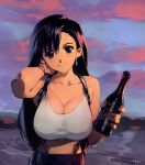  1girl bare_shoulders beach black_hair bottle breasts brown_eyes cleavage collarbone commentary earrings english_commentary final_fantasy final_fantasy_vii head_tilt highres holding holding_bottle jewelry large_breasts long_hair looking_at_viewer optionaltypo outdoors smile solo suspenders tifa_lockhart 