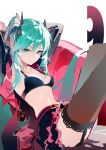 1girl aqua_eyes aqua_hair armpits arms_up black_jacket bra closed_mouth garter_straps hatsune_miku highres jacket jiuyesang long_hair looking_at_viewer miniskirt simple_background skirt smile solo twintails underwear very_long_hair vocaloid 