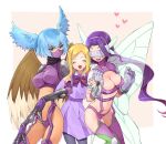  3girls bangs bikini black_pantyhose black_scarf blonde_hair blue_eyes blue_hair blush boots bow bowtie breasts butterfly_hair_ornament butterfly_wings buttons claws cleavage closed_eyes collared_shirt commentary_request covered_eyes cowboy_shot digimon digimon_(creature) digimon_frontier double-breasted facial_mark fairymon feathered_wings garter_straps gloves groin hair_between_eyes hair_ornament hair_wings hairband hands_up heart highleg highleg_bikini highres large_breasts locked_arms long_hair long_sleeves looking_at_another lower_teeth mask minamikuru mouth_mask multiple_girls navel official_alternate_costume open_mouth orimoto_izumi pantyhose parted_bangs pink_garter_straps purple_belt purple_bikini purple_bow purple_bowtie purple_footwear purple_hair purple_hairband purple_shirt purple_skirt scarf shirt shoulder_pads shutumon sidelocks skirt skirt_set smile standing stomach swimsuit teeth thigh_boots visor wings 