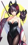  1girl alternate_costume animal_ears arata_(noneetyesnito) black_hair black_leotard black_pantyhose breasts calligraphy_brush collarbone fake_animal_ears fate/grand_order fate_(series) giant_brush grey_eyes hair_ornament hairpin highleg highleg_leotard highres holding holding_paintbrush katsushika_hokusai_(fate) large_breasts leotard octopus paintbrush pantyhose playboy_bunny rabbit_ears short_hair smile strapless strapless_leotard tokitarou_(fate) 