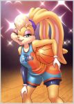  anthro ball basketball_(ball) basketball_court basketball_uniform bedroom_eyes camera_flash clothing female hi_res lagomorph leporid lola_bunny looking_at_viewer looney_tunes mammal michiyoshi narrowed_eyes rabbit seductive solo space_jam space_jam:_a_new_legacy sportswear uniform warner_brothers 