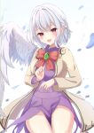  1girl :d absurdres bow bowtie braid breasts cowboy_shot dress feathered_wings french_braid highres kishin_sagume long_sleeves looking_at_viewer niko_kusa open_mouth purple_dress short_hair single_wing smile solo thighs touhou wings 