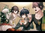  3boys :d ahoge alternate_costume anger_vein bangs black_hair black_shirt black_sweater bottle brown_eyes cake chicken_(food) christmas christmas_tree collarbone danganronpa_(series) danganronpa_v3:_killing_harmony eating facial_hair flipped_hair food fruit glass goatee grey_sweater grin hair_between_eyes holding momota_kaito multicolored_hair multiple_boys open_mouth ouma_kokichi pizza saihara_shuuichi sakuyu shiny shiny_hair shirt short_hair smile strawberry sweater teeth two-tone_hair 