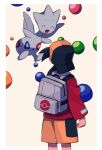  1boy backpack bag black_hair black_headwear border commentary_request ethan_(pokemon) grey_bag hat jacket long_sleeves male_focus poke_ball_print pokemon pokemon_(creature) pokemon_(game) pokemon_gsc red_jacket short_hair shorts togetic tyako_089 white_border yellow_shorts 