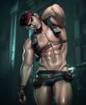  1boy abs arm_up armpits biggs_(ff7) final_fantasy final_fantasy_vii final_fantasy_vii_remake highres looking_at_viewer male_pubic_hair muscular muscular_male nerdyart1 nipples pectorals pubic_hair thick_thighs thighhighs thighs topless 
