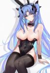  1girl absurdres animal_ears black_bow black_bowtie black_hairband black_leotard black_thighhighs blue_eyes blue_hair bow bowtie breasts changpan_hutao covered_navel detached_collar facial_mark fake_animal_ears fate/grand_order fate_(series) forehead_mark hairband highleg highleg_leotard highres ishtar_(fate) large_breasts leotard long_hair playboy_bunny rabbit_ears simple_background sitting solo space_ishtar_(astarte_origin)_(fate) space_ishtar_(fate) strapless strapless_leotard thighhighs traditional_bowtie two_side_up very_long_hair white_background wrist_cuffs 